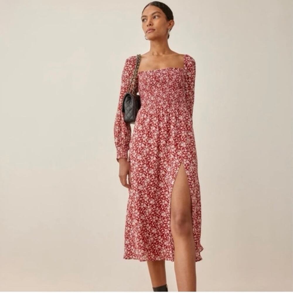 Reformation Cello Floral-Print Long Sleeve Midi Dress Red XS